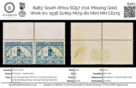 8483: South Africa SG57 1½d. Missing Gold. Wmk Inv 1936 Sc#51 Mi79-80 Mint MH C£275