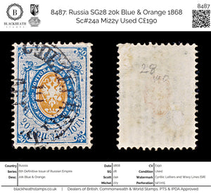 8487: Russia SG28 20k Blue & Orange 1868 Sc#24a Mi22y Used C£190