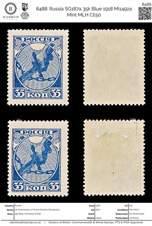8488: Russia SG187a 35k Blue 1918 Mi149za Mint MLH C£50