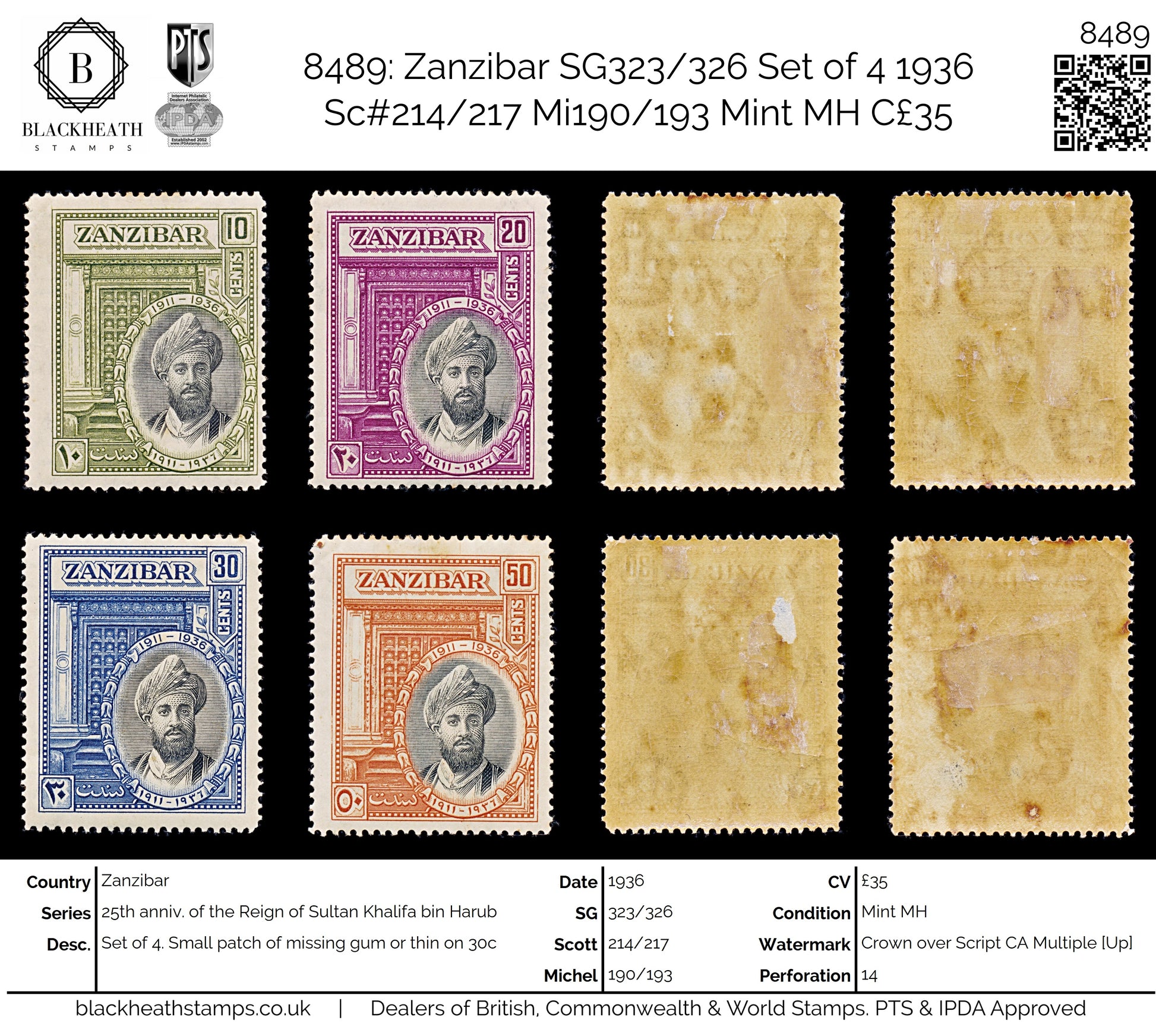 8489: Zanzibar SG323/326 Set of 4 1936 Sc#214/217 Mi190/193 Mint MH C£35