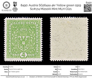 8490: Austria SG264aa 4kr Yellow green 1919 Sc#174 Mi210IA Mint MLH C£21