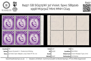 8497: GB SG575Wi 3d Violet. Spec SB92ab 1958 Mi323xZ Mint MNH C£45