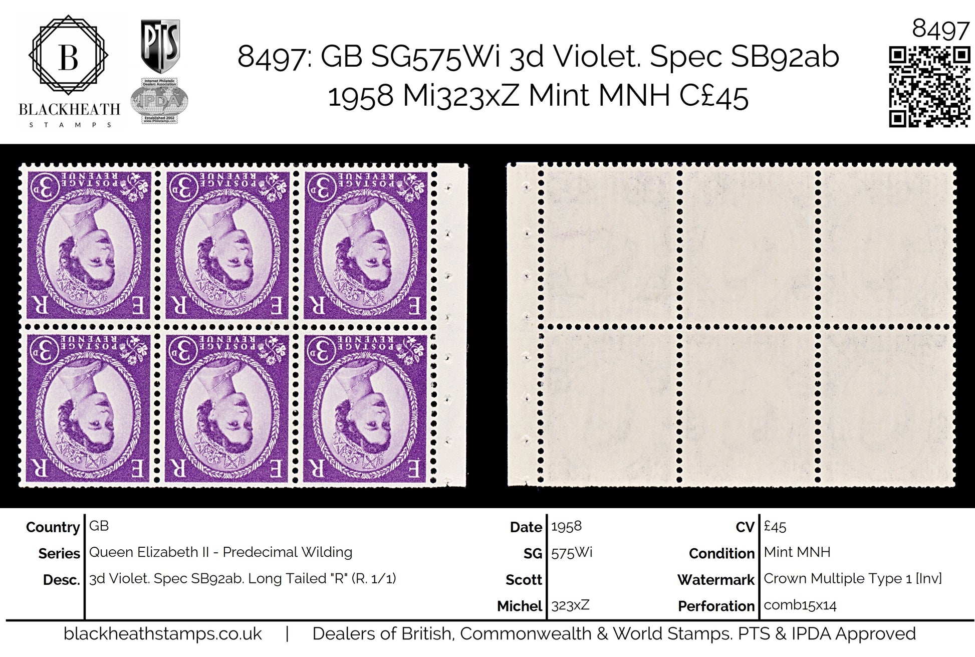 8497: GB SG575Wi 3d Violet. Spec SB92ab 1958 Mi323xZ Mint MNH C£45