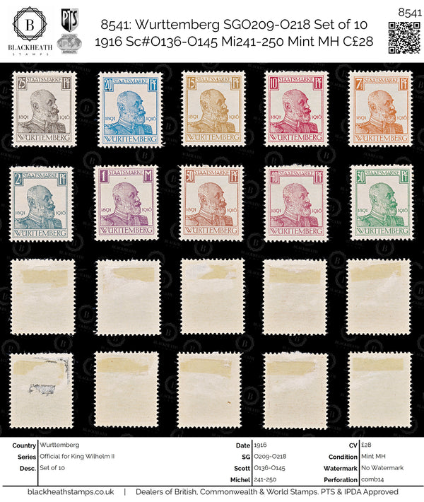 8541: Wurttemberg SGO209-O218 Set of 10 1916 Sc#O136-O145 Mi241-250 Mint MH C£28
