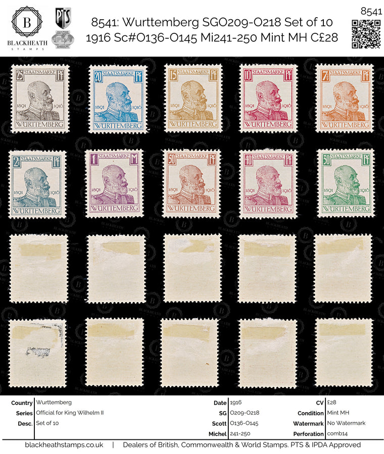 8541: Wurttemberg SGO209-O218 Set of 10 1916 Sc#O136-O145 Mi241-250 Mint MH C£28, image 1