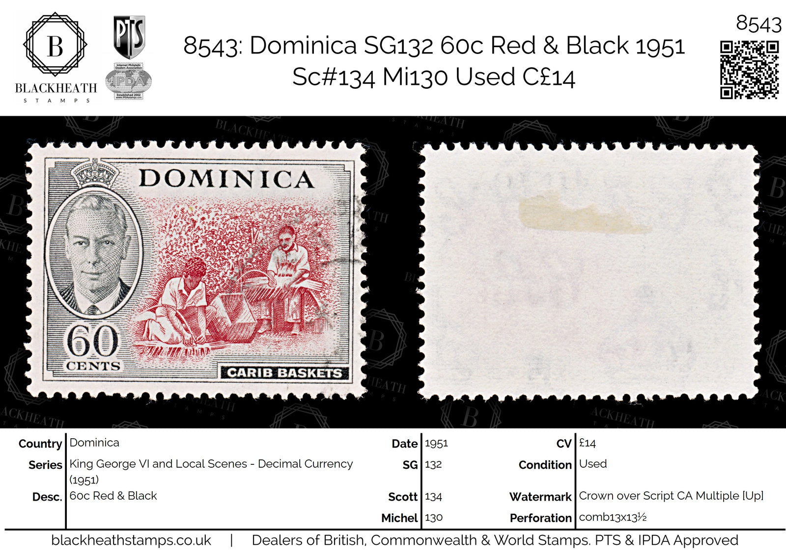 8543: Dominica SG132 60c Red & Black 1951 Sc#134 Mi130 Used C£14