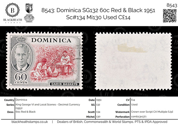 8543: Dominica SG132 60c Red & Black 1951 Sc#134 Mi130 Used C£14