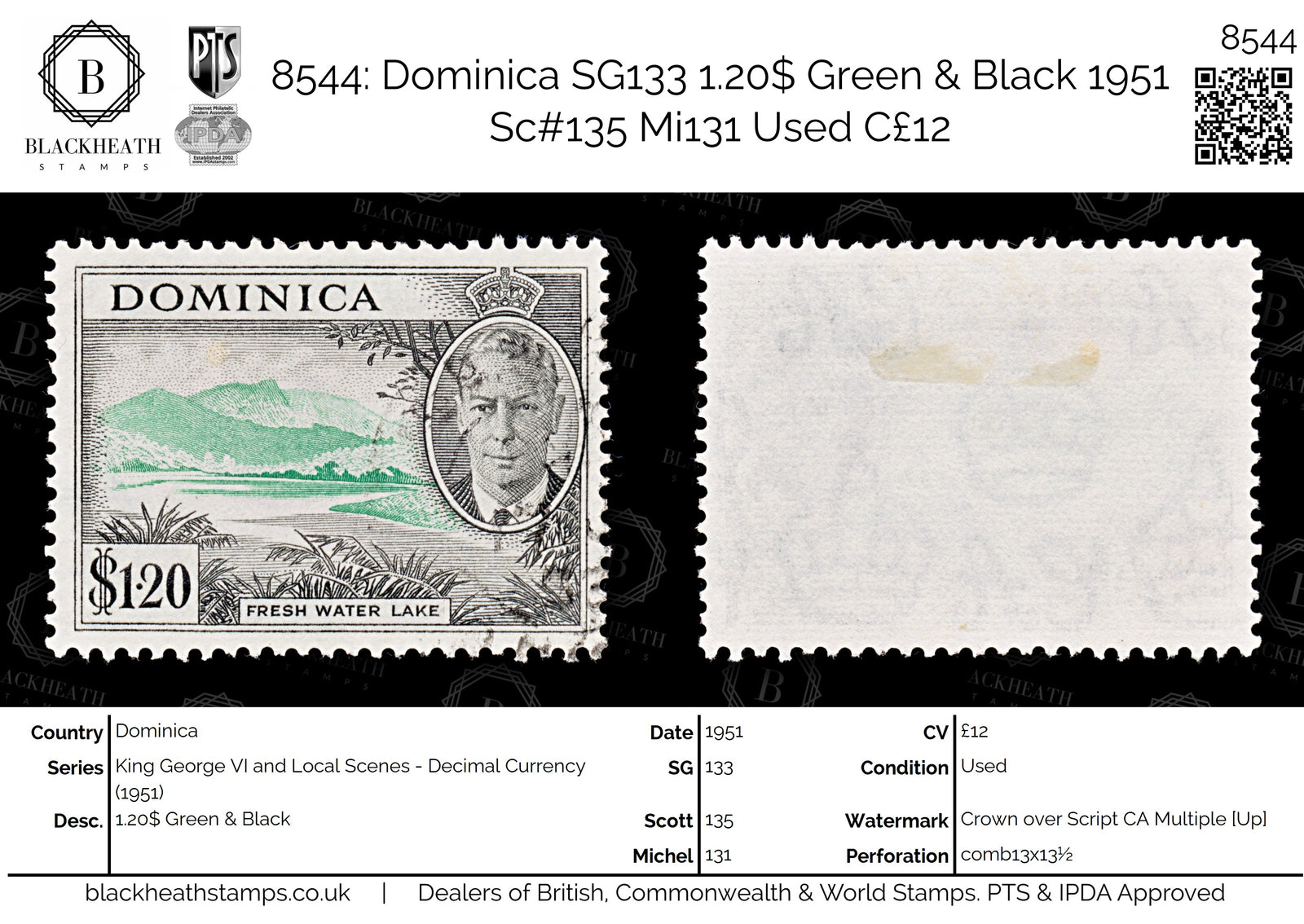 8544: Dominica SG133 1.20$ Green & Black 1951 Sc#135 Mi131 Used C£12