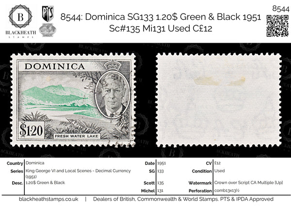 8544: Dominica SG133 1.20$ Green & Black 1951 Sc#135 Mi131 Used C£12