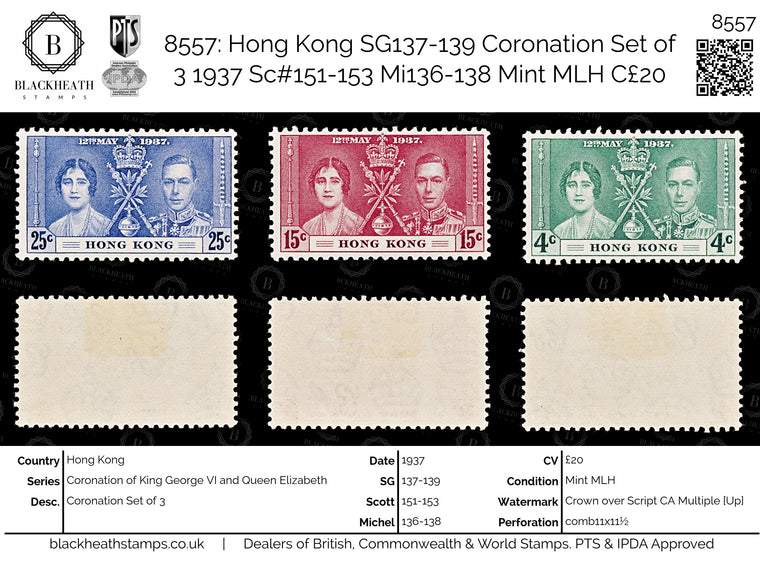 8557: Hong Kong SG137-139 Coronation Set of 3 1937 Sc#151-153 Mi136-138 Mint MLH C£20, image 1