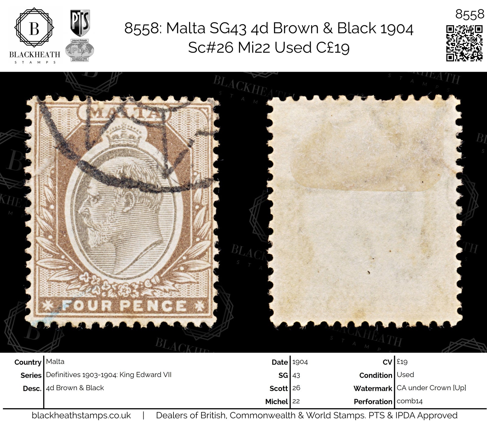 8558: Malta SG43 4d Brown & Black 1904 Sc#26 Mi22 Used C£19