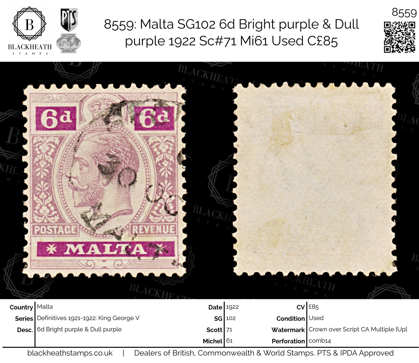8559: Malta SG102 6d Bright purple & Dull purple 1922 Sc#71 Mi61 Used C£85