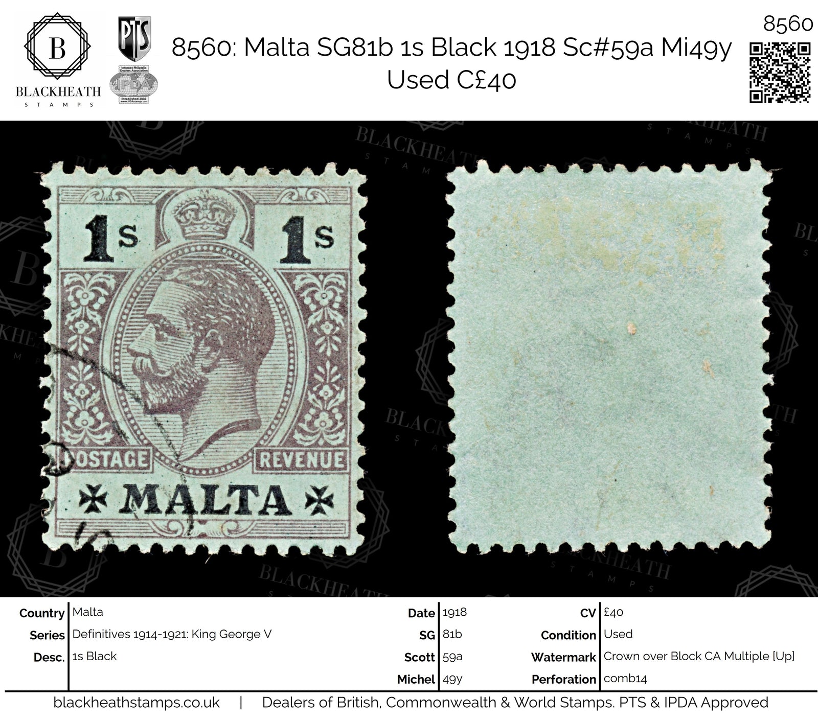 8560: Malta SG81b 1s Black 1918 Sc#59a Mi49y Used C£40