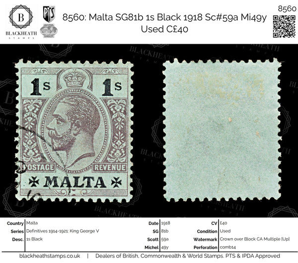 8560: Malta SG81b 1s Black 1918 Sc#59a Mi49y Used C£40