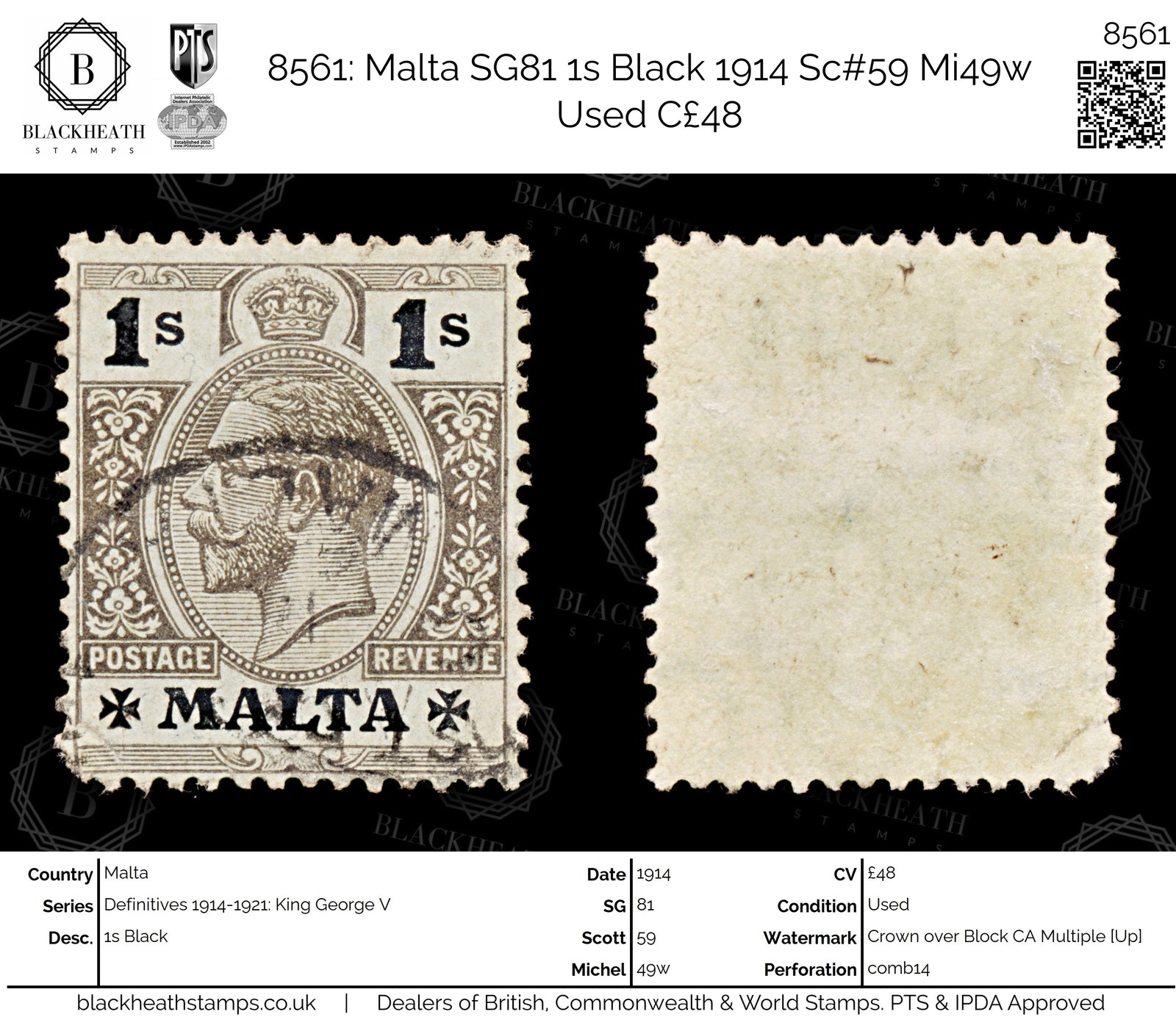 8561: Malta SG81 1s Black 1914 Sc#59 Mi49w Used C£48