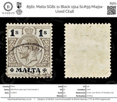 8561: Malta SG81 1s Black 1914 Sc#59 Mi49w Used C£48, view 1