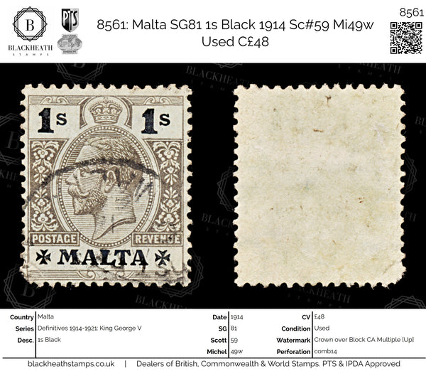 8561: Malta SG81 1s Black 1914 Sc#59 Mi49w Used C£48