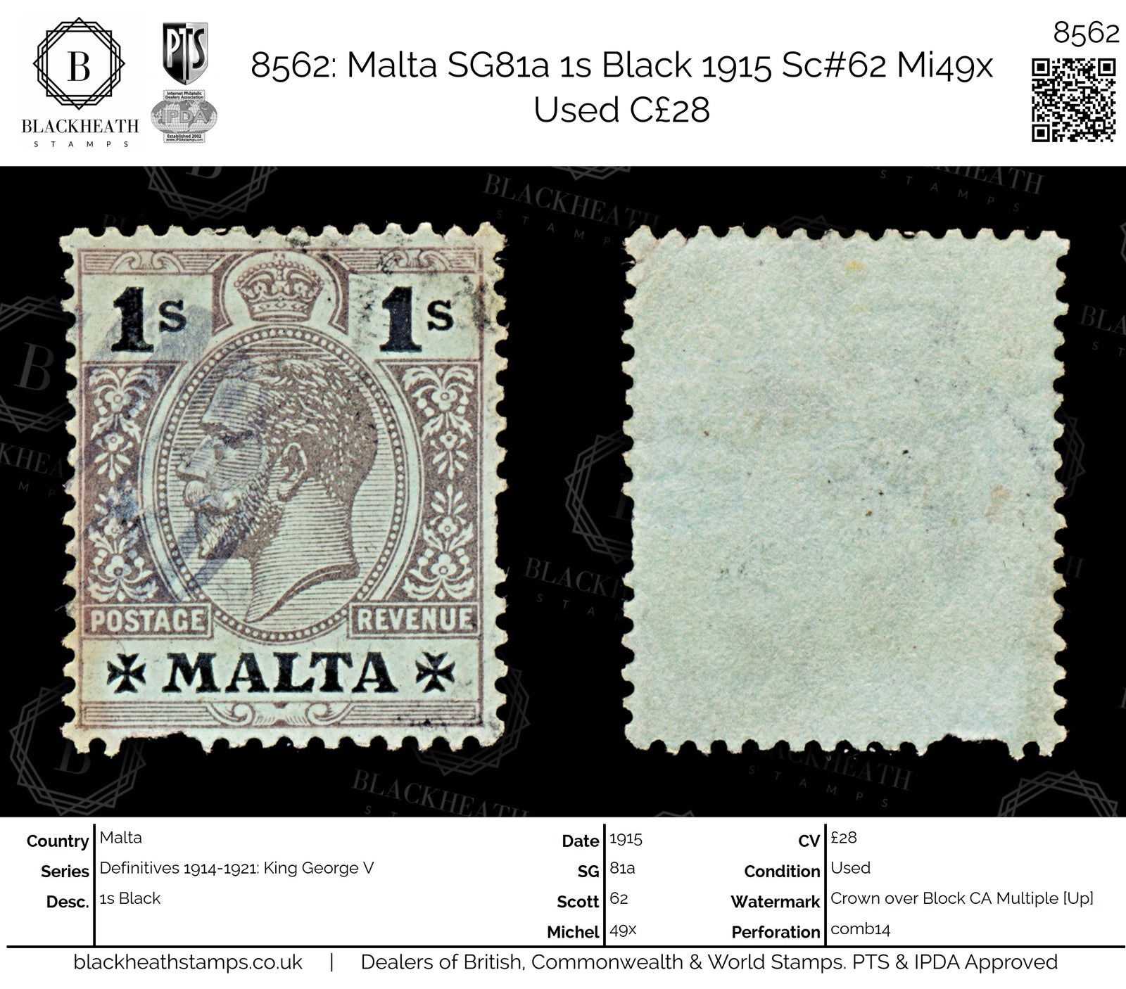 8562: Malta SG81a 1s Black 1915 Sc#62 Mi49x Used C£28