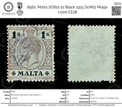 8562: Malta SG81a 1s Black 1915 Sc#62 Mi49x Used C£28, view 1