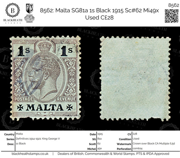 8562: Malta SG81a 1s Black 1915 Sc#62 Mi49x Used C£28