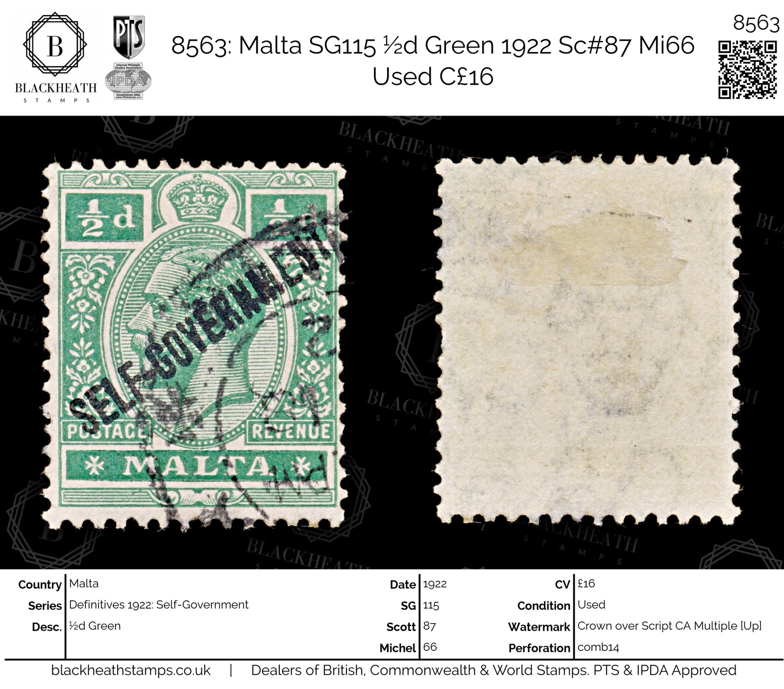 8563: Malta SG115 ½d Green 1922 Sc#87 Mi66 Used C£16
