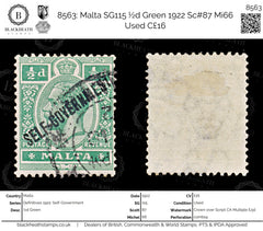 8563: Malta SG115 ½d Green 1922 Sc#87 Mi66 Used C£16, view 1