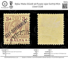 8564: Malta SG108 3d Purple 1922 Sc#79 Mi71 Used C£28, view 1