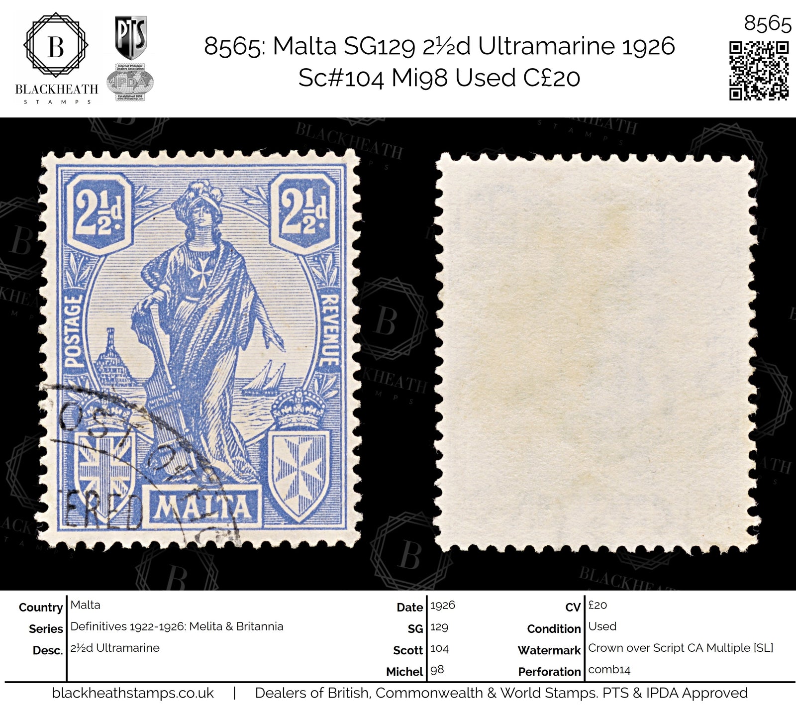 8565: Malta SG129 2½d Ultramarine 1926 Sc#104 Mi98 Used C£20