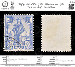 8565: Malta SG129 2½d Ultramarine 1926 Sc#104 Mi98 Used C£20, view 1