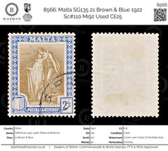8566: Malta SG135 2s Brown & Blue 1922 Sc#110 Mi92 Used C£25, view 1
