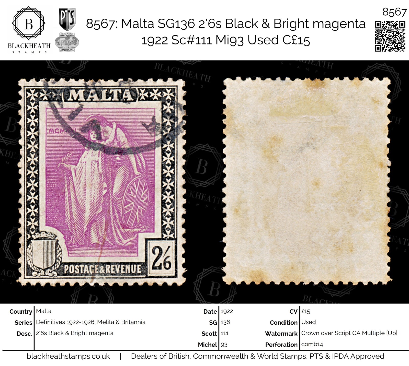 8567: Malta SG136 2'6s Black & Bright magenta 1922 Sc#111 Mi93 Used C£15