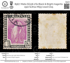 8567: Malta SG136 2'6s Black & Bright magenta 1922 Sc#111 Mi93 Used C£15, view 1