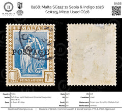 8568: Malta SG152 1s Sepia & Indigo 1926 Sc#125 Mi110 Used C£28, view 1