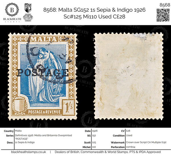 8568: Malta SG152 1s Sepia & Indigo 1926 Sc#125 Mi110 Used C£28