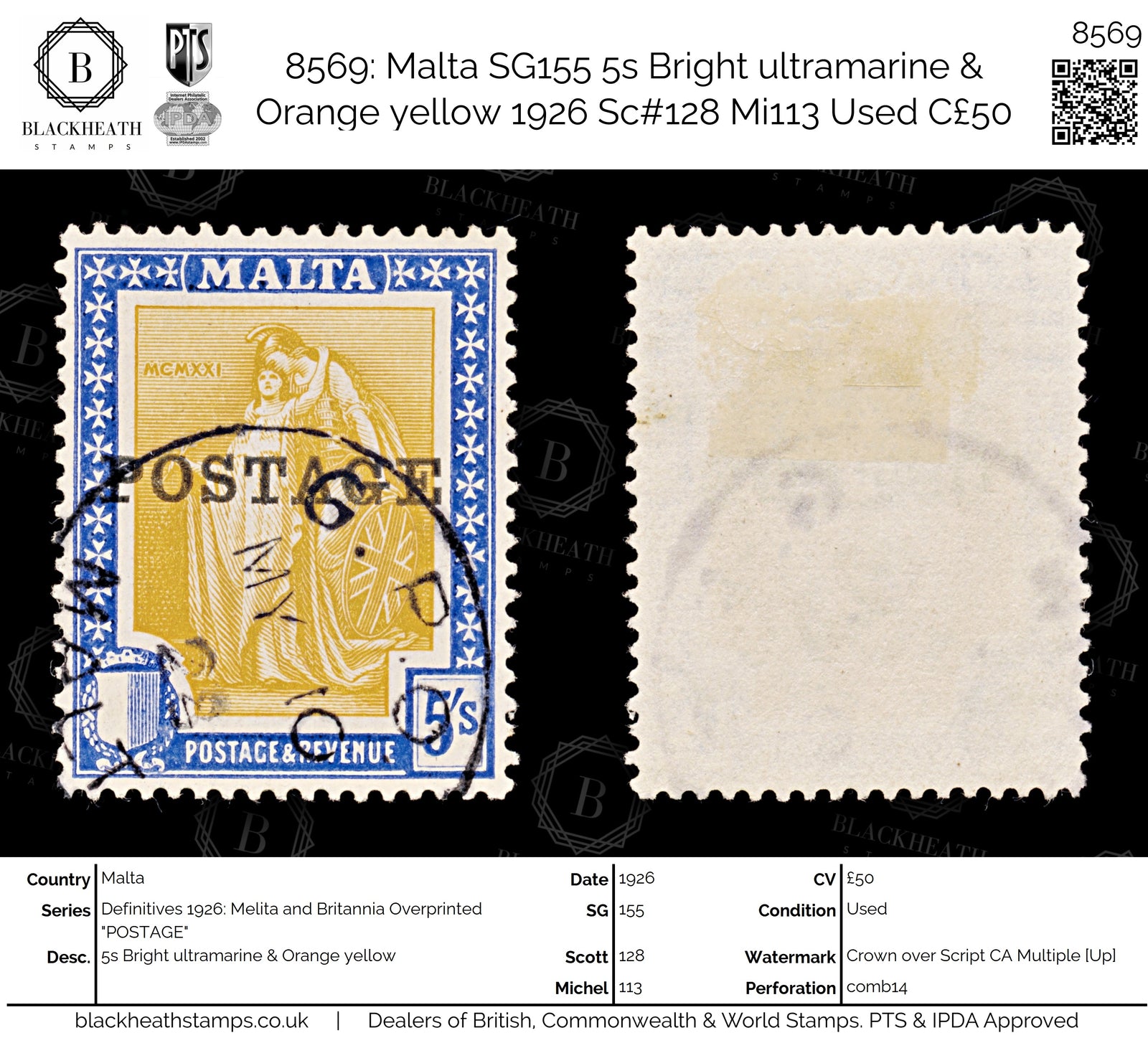 8569: Malta SG155 5s Bright ultramarine & Orange yellow 1926 Sc#128 Mi113 Used C£50