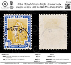 8569: Malta SG155 5s Bright ultramarine & Orange yellow 1926 Sc#128 Mi113 Used C£50, view 1
