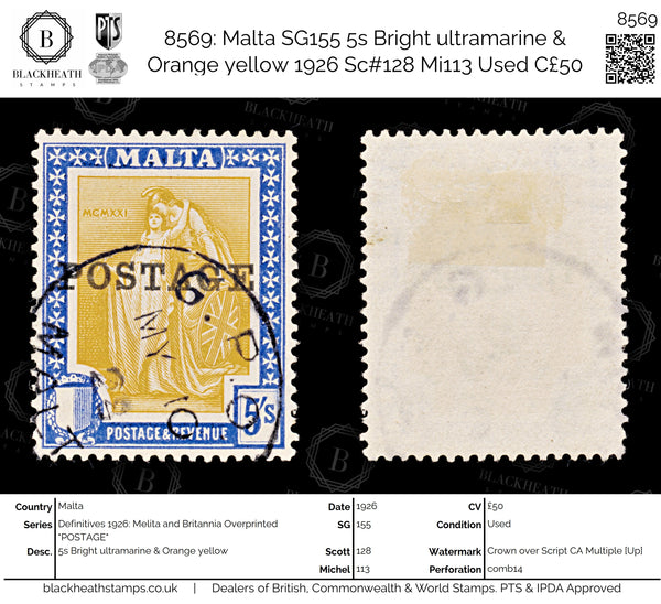 8569: Malta SG155 5s Bright ultramarine & Orange yellow 1926 Sc#128 Mi113 Used C£50