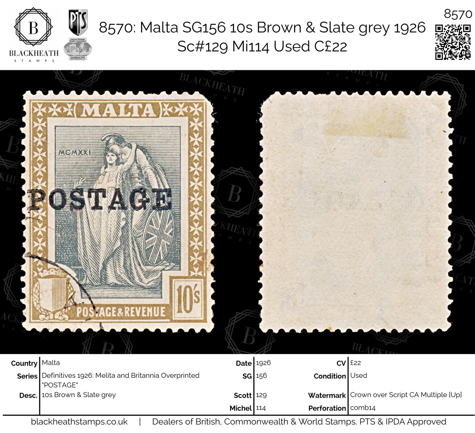 8570: Malta SG156 10s Brown & Slate grey 1926 Sc#129 Mi114 Used C£22