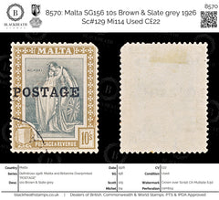 8570: Malta SG156 10s Brown & Slate grey 1926 Sc#129 Mi114 Used C£22, view 1
