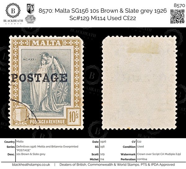 8570: Malta SG156 10s Brown & Slate grey 1926 Sc#129 Mi114 Used C£22