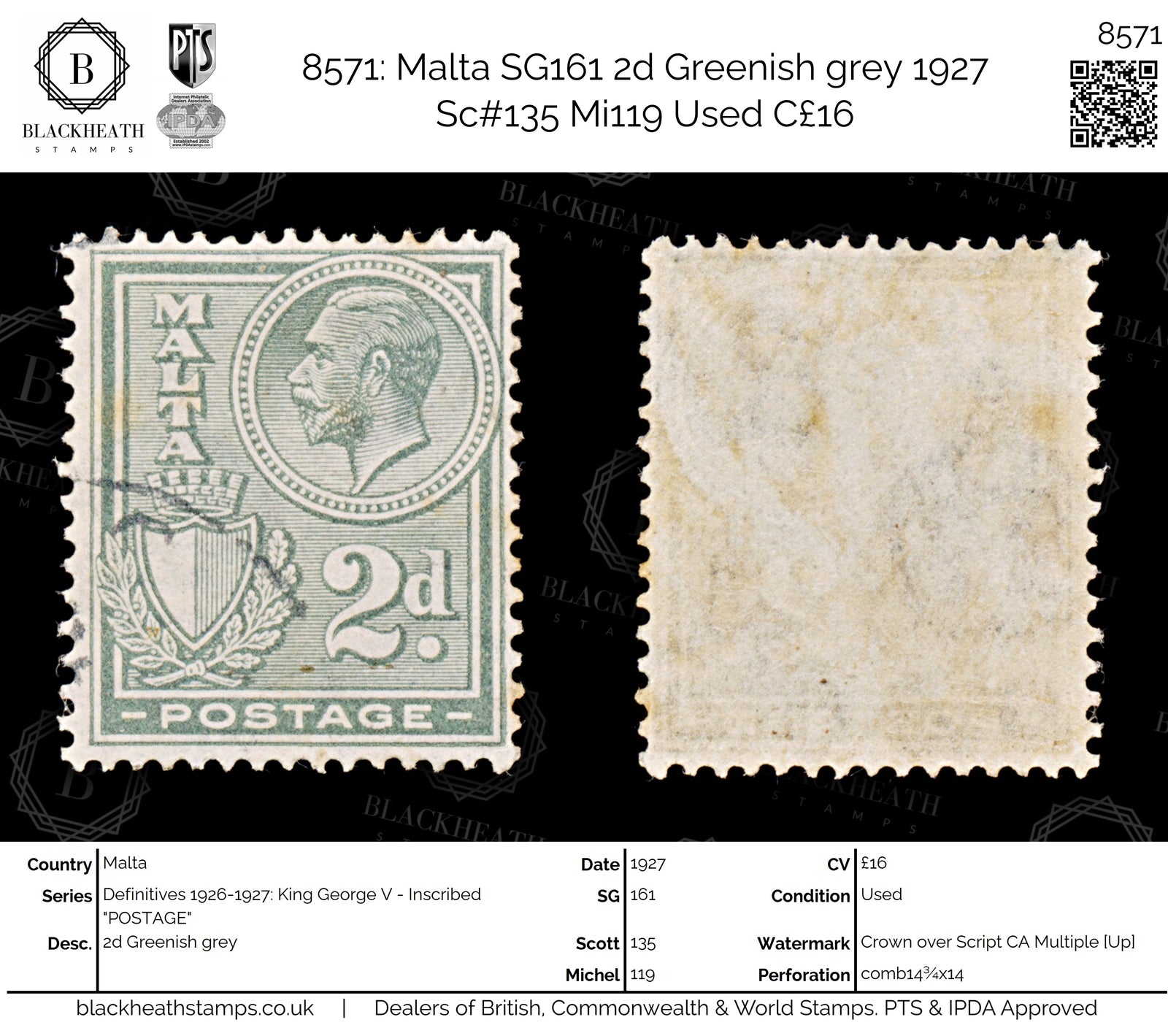8571: Malta SG161 2d Greenish grey 1927 Sc#135 Mi119 Used C£16