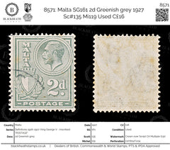 8571: Malta SG161 2d Greenish grey 1927 Sc#135 Mi119 Used C£16, view 1