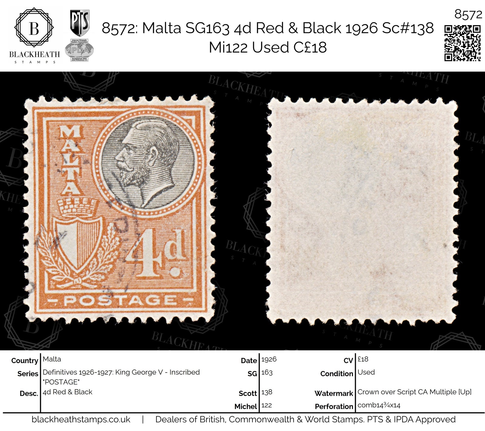8572: Malta SG163 4d Red & Black 1926 Sc#138 Mi122 Used C£18