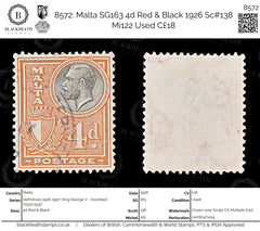 8572: Malta SG163 4d Red & Black 1926 Sc#138 Mi122 Used C£18, view 1