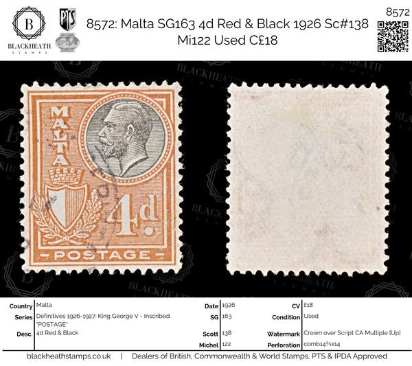 8572: Malta SG163 4d Red & Black 1926 Sc#138 Mi122 Used C£18