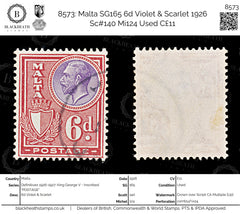 8573: Malta SG165 6d Violet & Scarlet 1926 Sc#140 Mi124 Used C£11, view 1