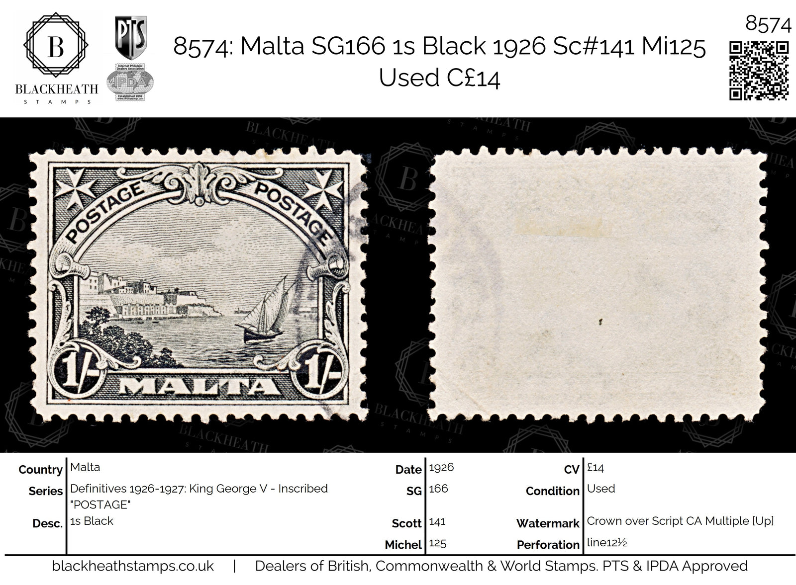 8574: Malta SG166 1s Black 1926 Sc#141 Mi125 Used C£14