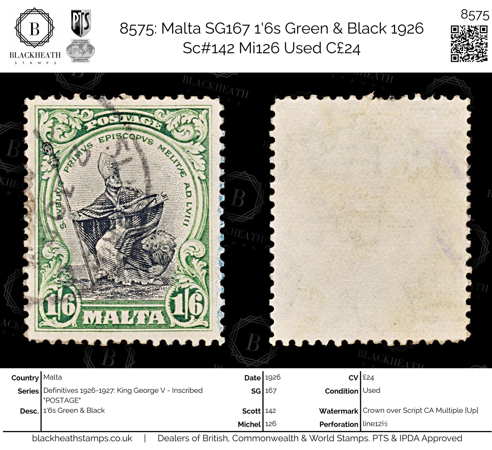 8575: Malta SG167 1'6s Green & Black 1926 Sc#142 Mi126 Used C£24