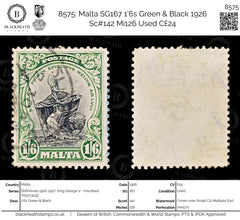 8575: Malta SG167 1'6s Green & Black 1926 Sc#142 Mi126 Used C£24, view 1