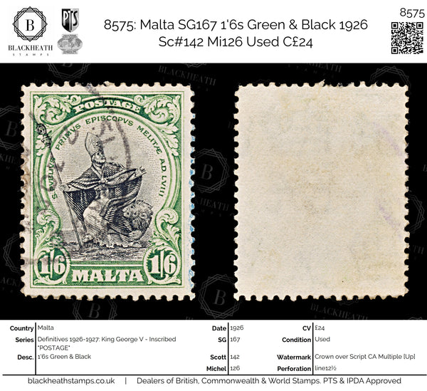 8575: Malta SG167 1'6s Green & Black 1926 Sc#142 Mi126 Used C£24